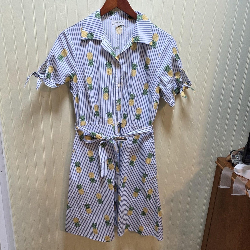 Chloe+rene Shirt Dress Womens Small Blue Stripe Pineapple Belted Knee Length